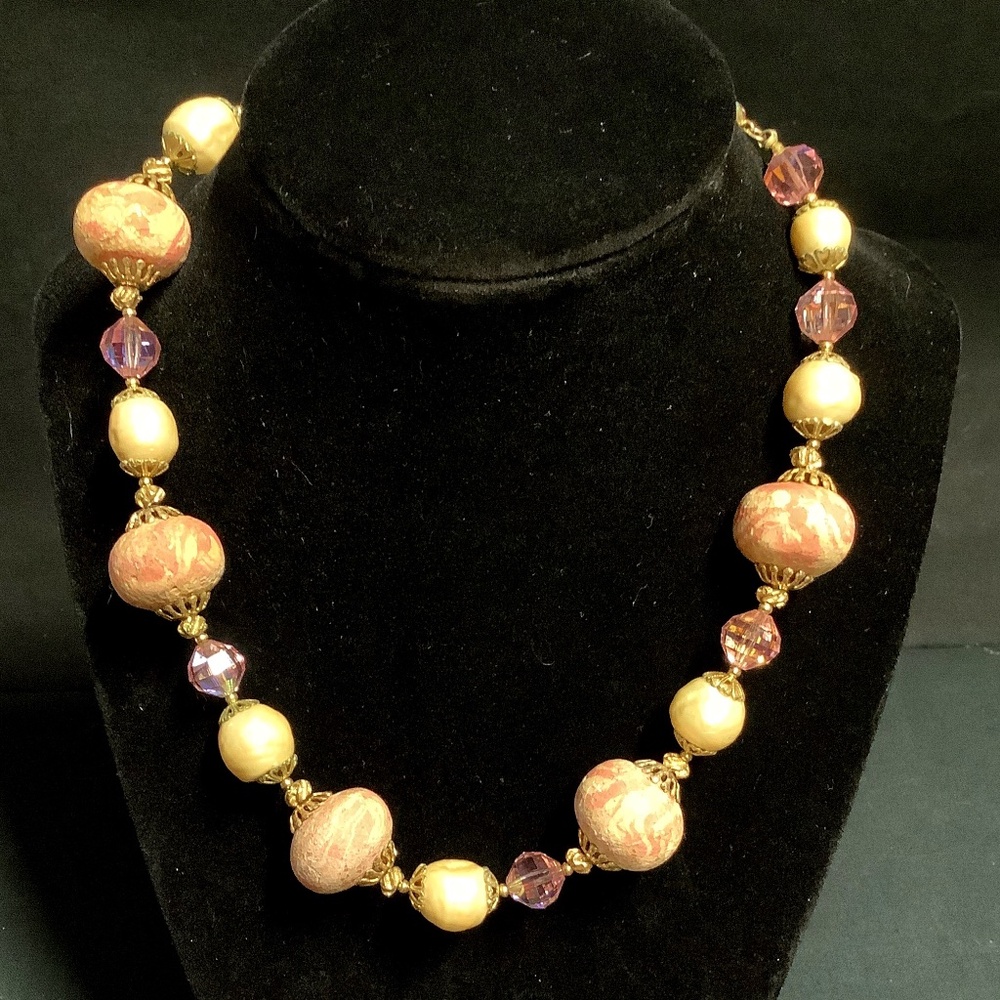 Vintage Couture signed Vendome Faux Pearl and Pink Crystal Necklace